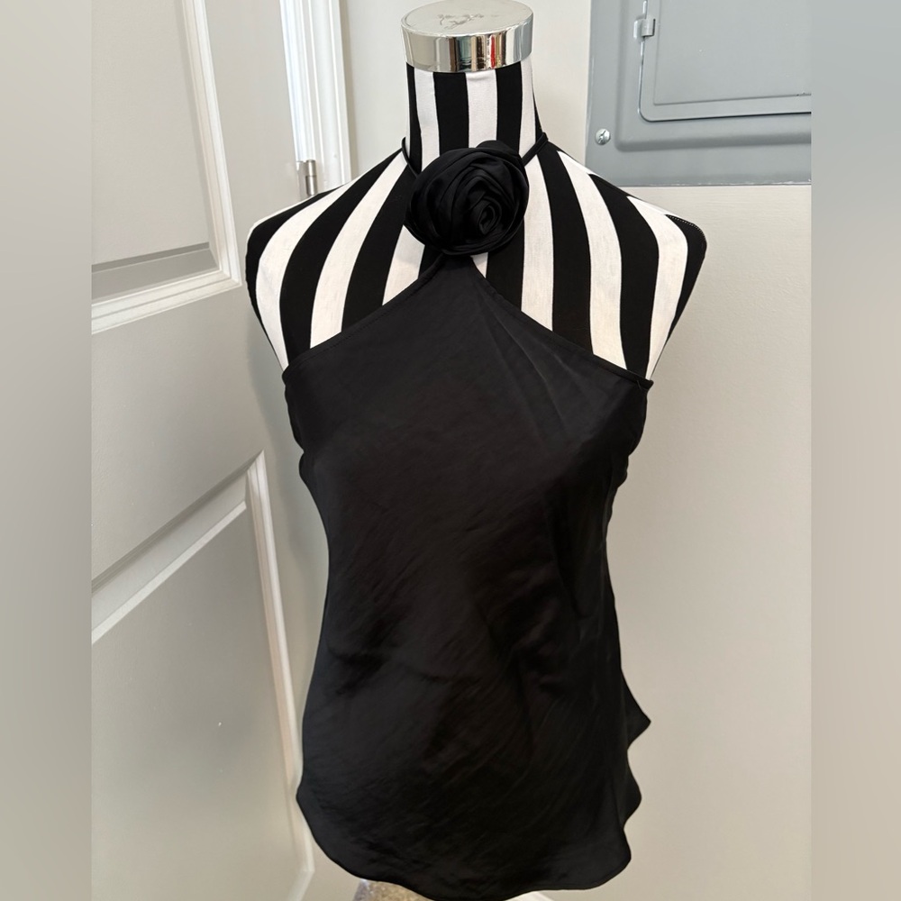 Black Halter Top with Floral neck corsage